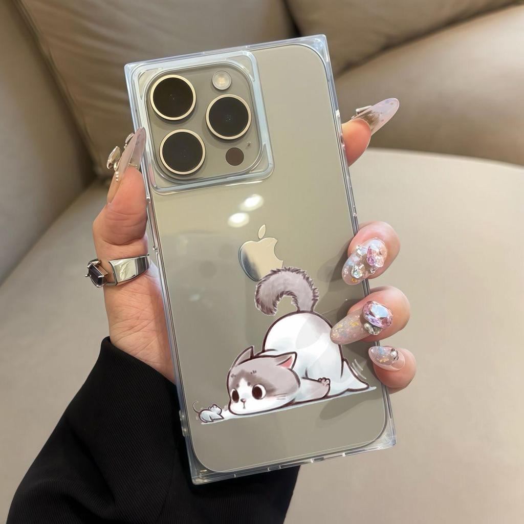 Square Back Tube Protection Clear Case For iPhone 16 ProMax 11 13 15 Plus 14 Pro Max 12 Anti-Oxygen,Cat And Mouse Eye Contact Pattern Casing