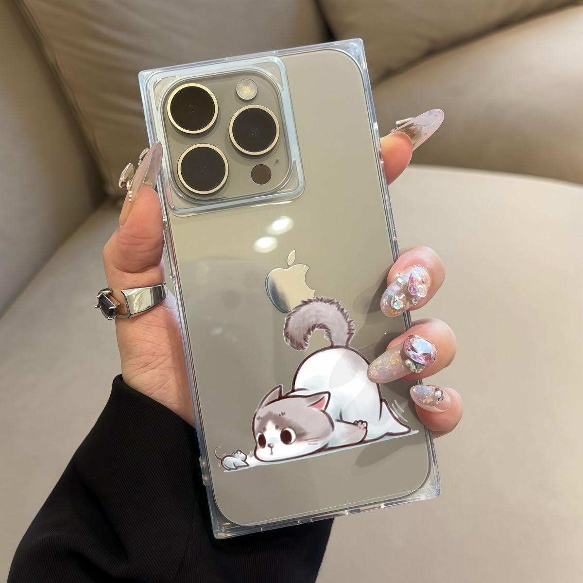 

Square Back Tube Protection Clear Case For iPhone 16 ProMax 11 13 15 Plus 14 Pro Max 12 Anti-Oxygen,Cat And Mouse Eye Contact Pattern Casing iphone 11 ProMax