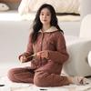Thickened Warm Woven Padded Pajamas Women's Winter Coral Fleece Three-layer Fleece Loungewear Padded Jacket Pure Cotton Cotton Set