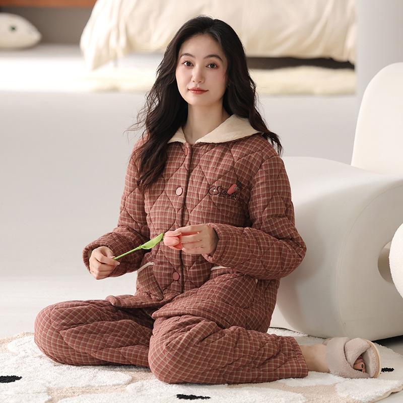 Thickened Warm Woven Padded Pajamas Women's Winter Coral Fleece Three-layer Fleece Loungewear Padded Jacket Pure Cotton Cotton Set