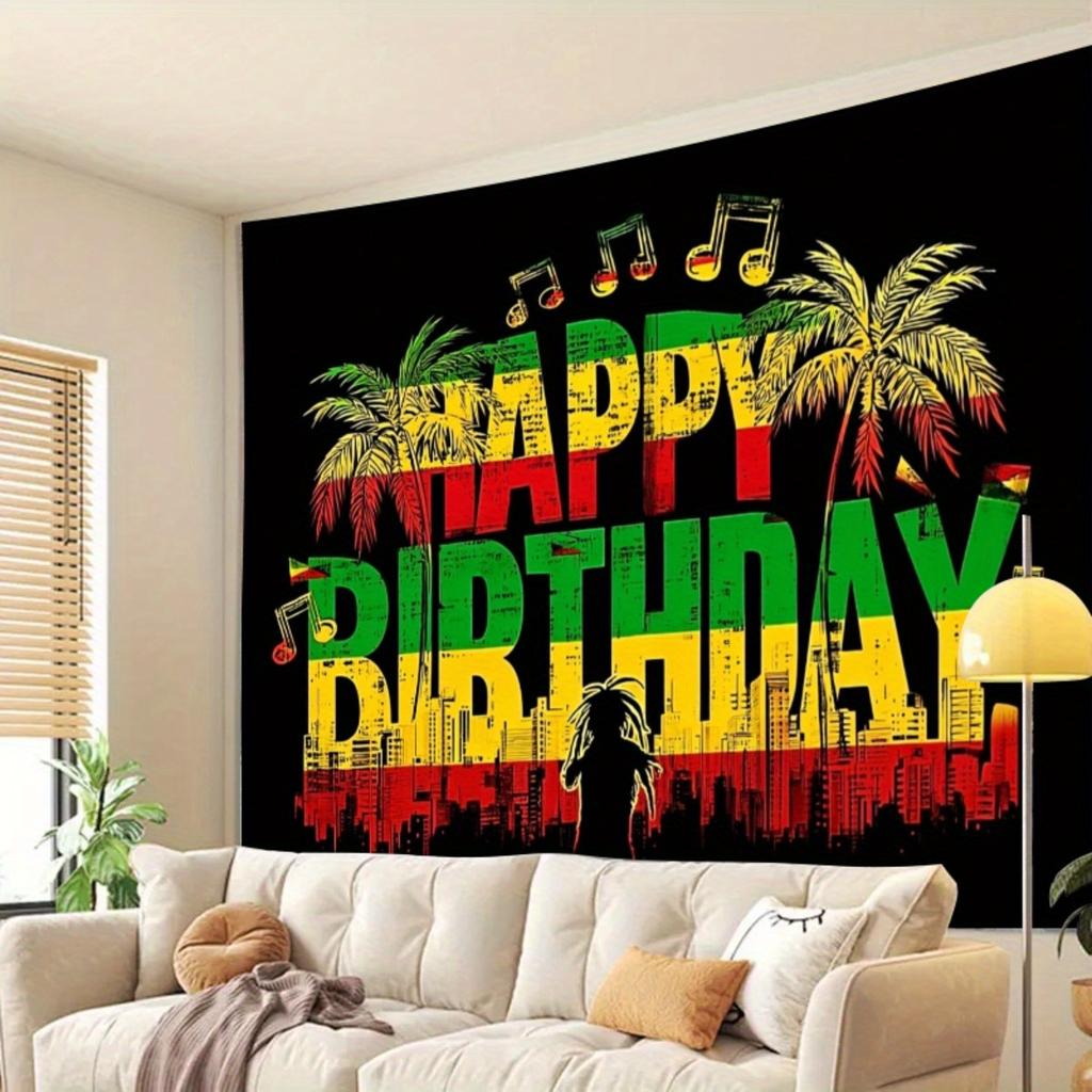 1pc Large 2D Print Rasta Reggae Birthday Tapestry, Polyester Wall Hanging with Palm Tree & Music Notes, Cool Bedroom Living Roo