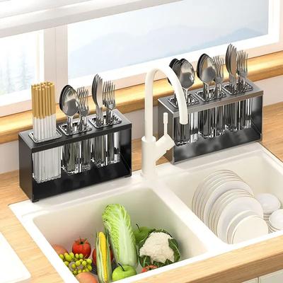 Kitchen Cutlery Organizer Carbon Steel Knife Stand Drain Storage Holder Multifunction Bathroom Tray Holder Cutlery Storage Rack