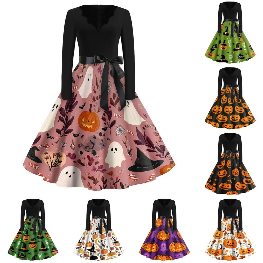 Women Casual Vintage Halloween Dress V Neck Long Sleeve Belted Waist Retro Printed Midi Dress for Autumn and Party