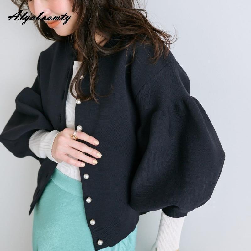 Korean Ulzzang Autumn Winter Women Sweater Blue Pink Black Apricot Knitting Cardigan Knitted Lantern Sleeve Stylish Outerwear