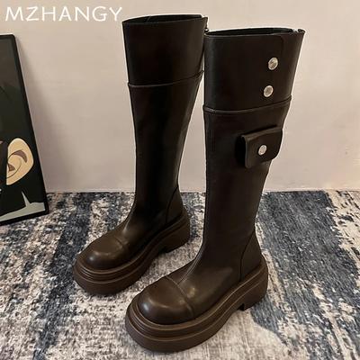 Шкіряні жіночі масивні високі чоботи до коліна на середньому підборі Взуття Жінка 2025 Тренд Мода Зимові Елегантні Мотоциклетні Чоботи Mujer Botas