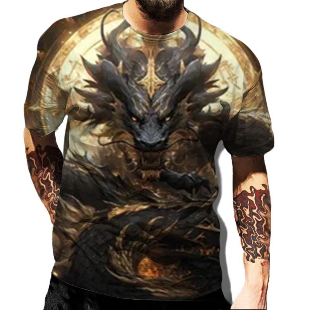 Summer Round Neck 3D Dragon Series Print Top Fashionable Casual Short Sleeved Men's T-shirts