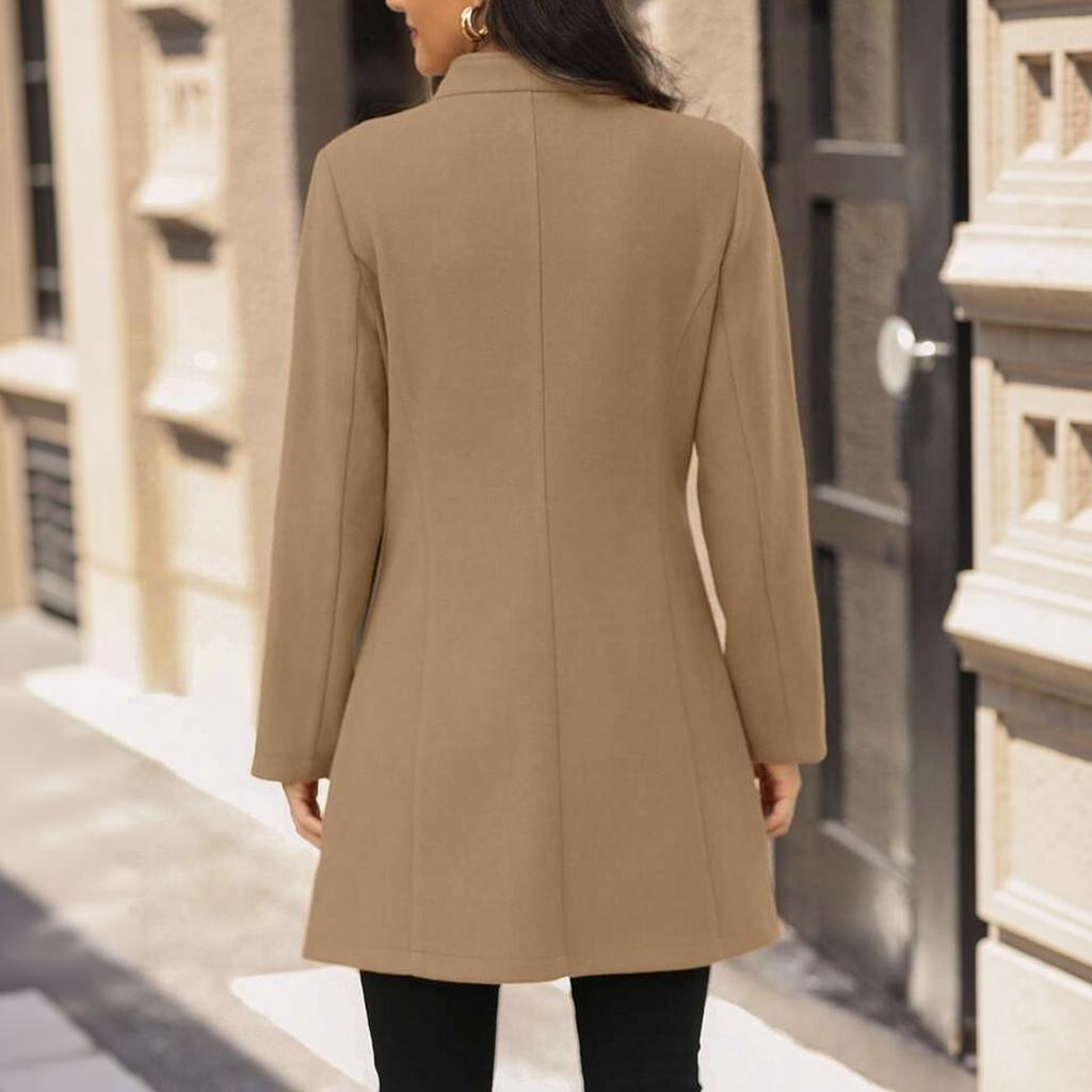 Women's Elegant Mid-Length Wool Trench Coat with Stand Collar Outerwear
