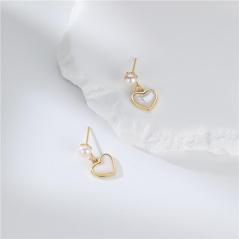 S925 Women's Elegant Heart & Pearl Stud Earrings with Cat's Eye Stone