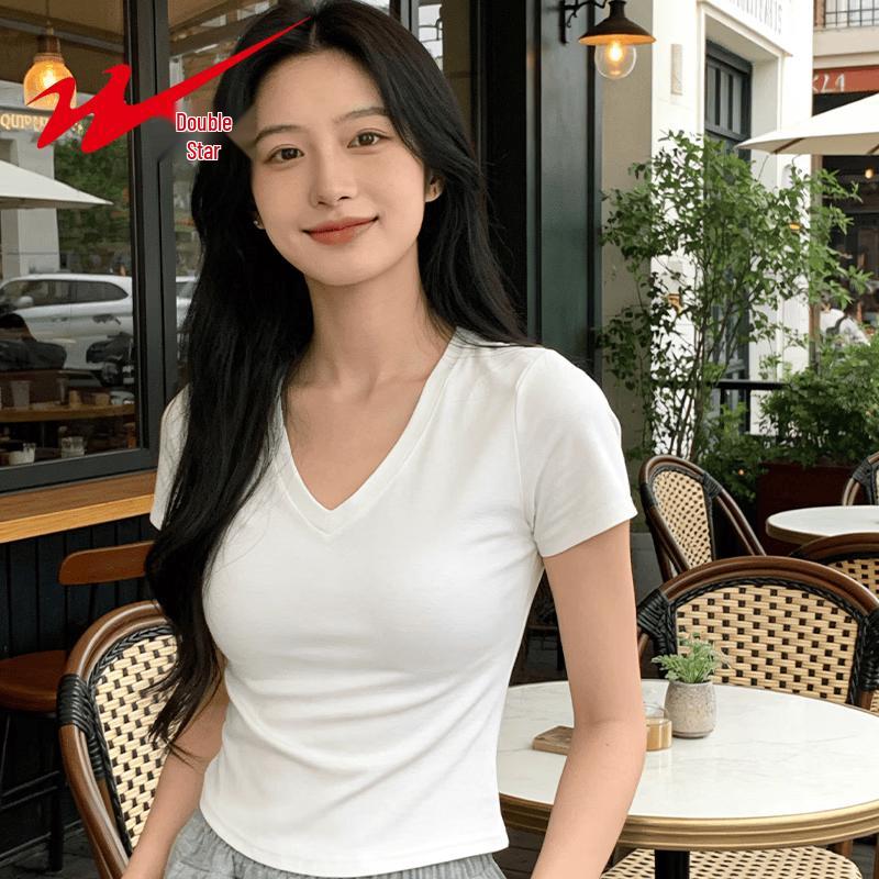 Shuangxing Women's V-Neck Slim Fit Short Sleeve T-Shirt