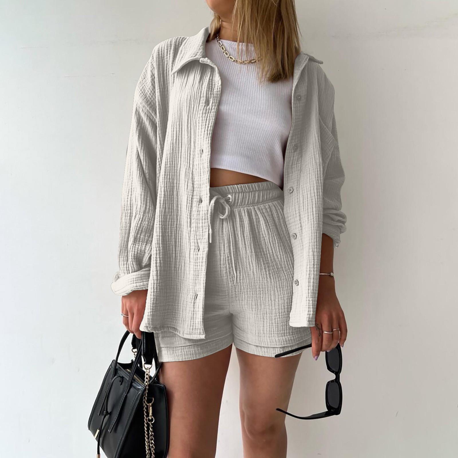 

Женская рубашка из 2 предметов с морщинистым воротником и длинными рукавами, блузка на пуговицах и шорты с высокой талией и шнурком, спортивный костюм, комплект XL белый