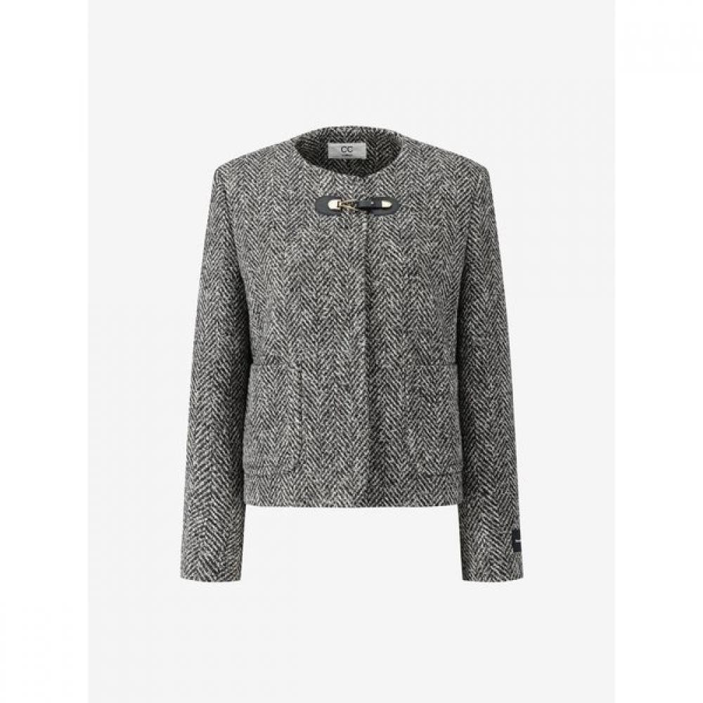 Round Neck Buckle Decor Tweed Jacket C254msf038