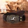 Men's Retro Leather Belt with Western Galloping Horse Two-Tone Bronze Lace Square Buckle