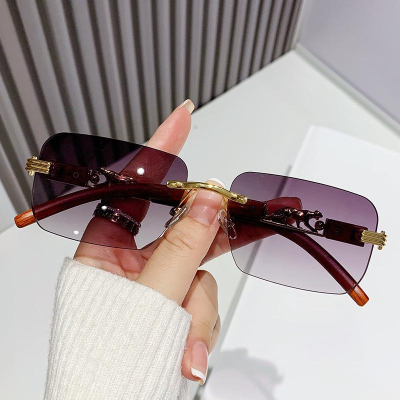 European Frameless Edge Cut Wood Grain Leopard Head Sunglasses: Unisex, Square Frame, Trendy for Driving