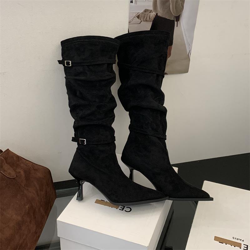Rich and noble with pointed high-heeled boots, khaki long knight boots, women's autumn and winter 2025 new with coat high boots
