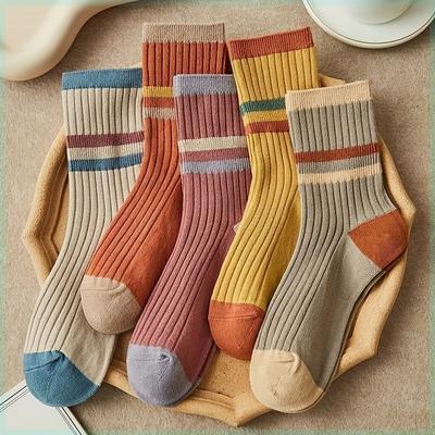 5 Pairs of Soft Comfy Striped Print Mid Tube Socks Breathable Knit Fabric Cotton-Blend Construction Womens Socks