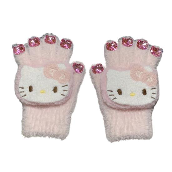 Dziewczęce kreskówkowe rękawiczki z kotkiem, urocze pluszowe rękawiczki z kotem, puszyste ciepłe rękawiczki z cyrkoniami w kształcie głowy kota dla kobiet na zimę, do codziennych sprawunków