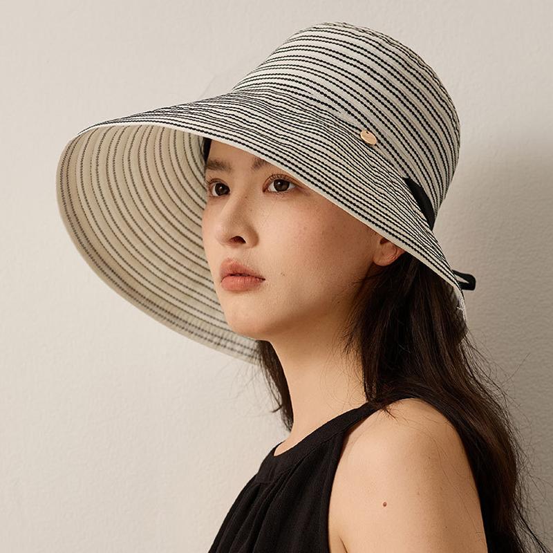 Striped Bow Big Brim Fisherman Hat Women's Summer Outdoor Travel Foldable Sun Hat