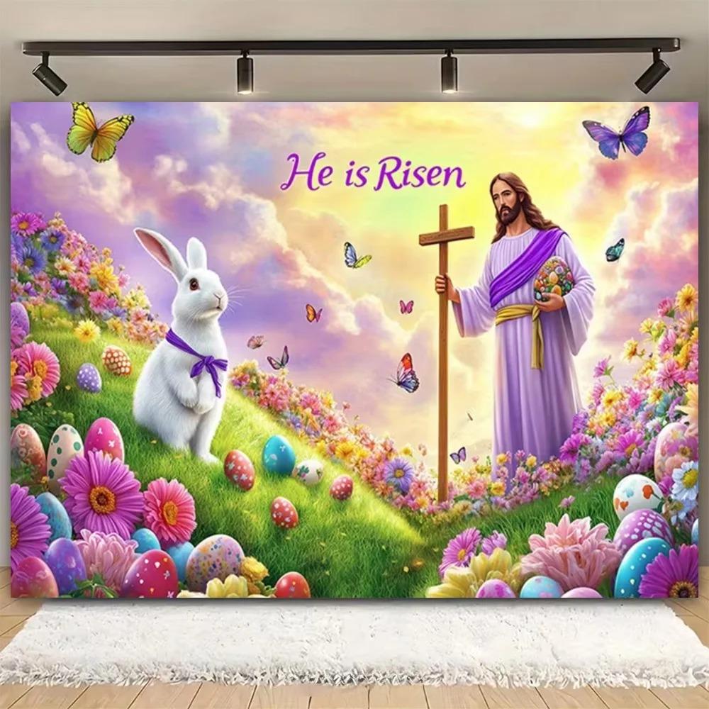 Easter Religion Jesus Theme Party Decoration Photography Background, Easter Egg Rabbit Banner Photography Studio Backdrop Cloth