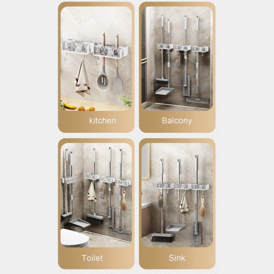 Mop Holder Double-ended Mop Clip Punch-free Broom Rack Space Saving Bathroom Organizer with Hook for Home