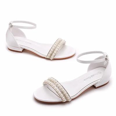 Sandale Dama Modă Sandalias Șnur Mărgele Mătase Tocuri Plate 2CM Curea cu Cataramă Perle Pantofi Dama Casual Albi Sandale Moderne