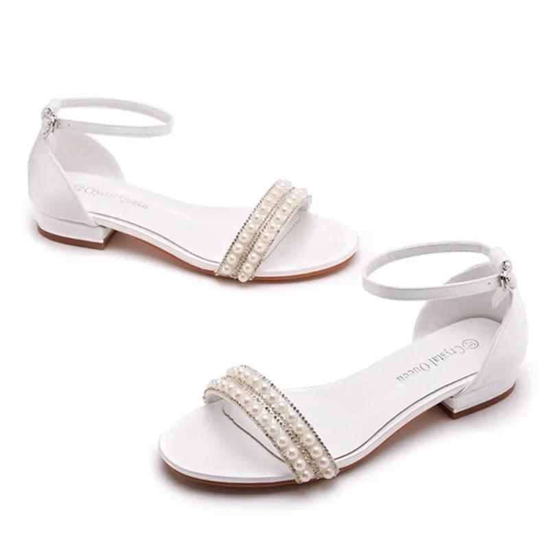 Women Sandals Fashion Sandalias String Bead Silk 2CM Flat Heels Buckle Strap Pearl Women's Shoes Casual White Modern Sandals