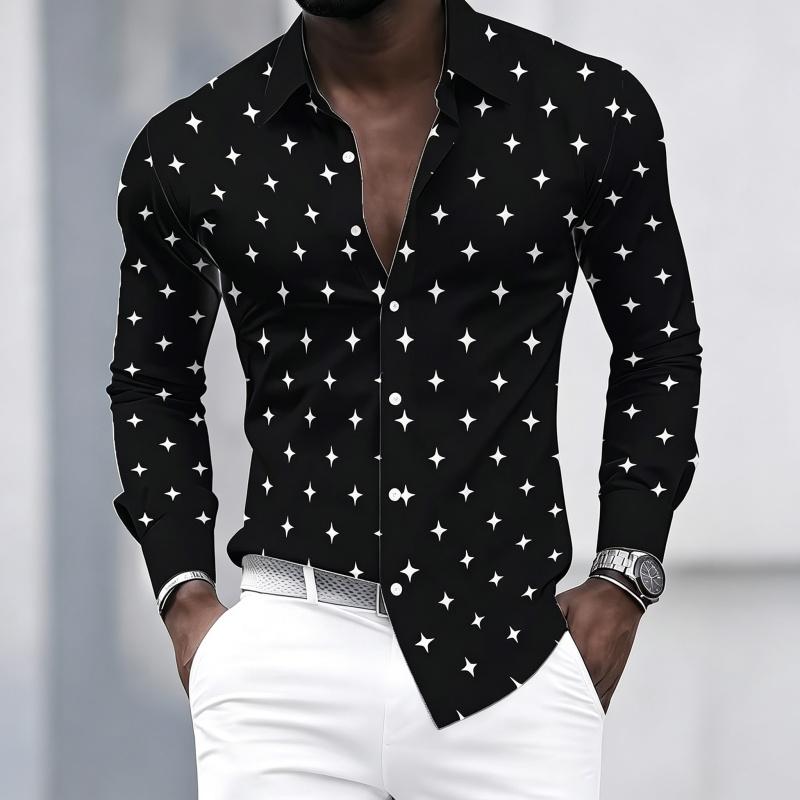 Men's Collared Long-sleeved Shirt, Classic Black Base with White Star Print, Slim Fit, Suitable for Commuting and Going Out.