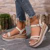 Women'S Espadrille Wedge Sandals with Braided Rope and Rivet Details – Comfortable Open Toe Platform Heels, Beige and Brown Color Scheme