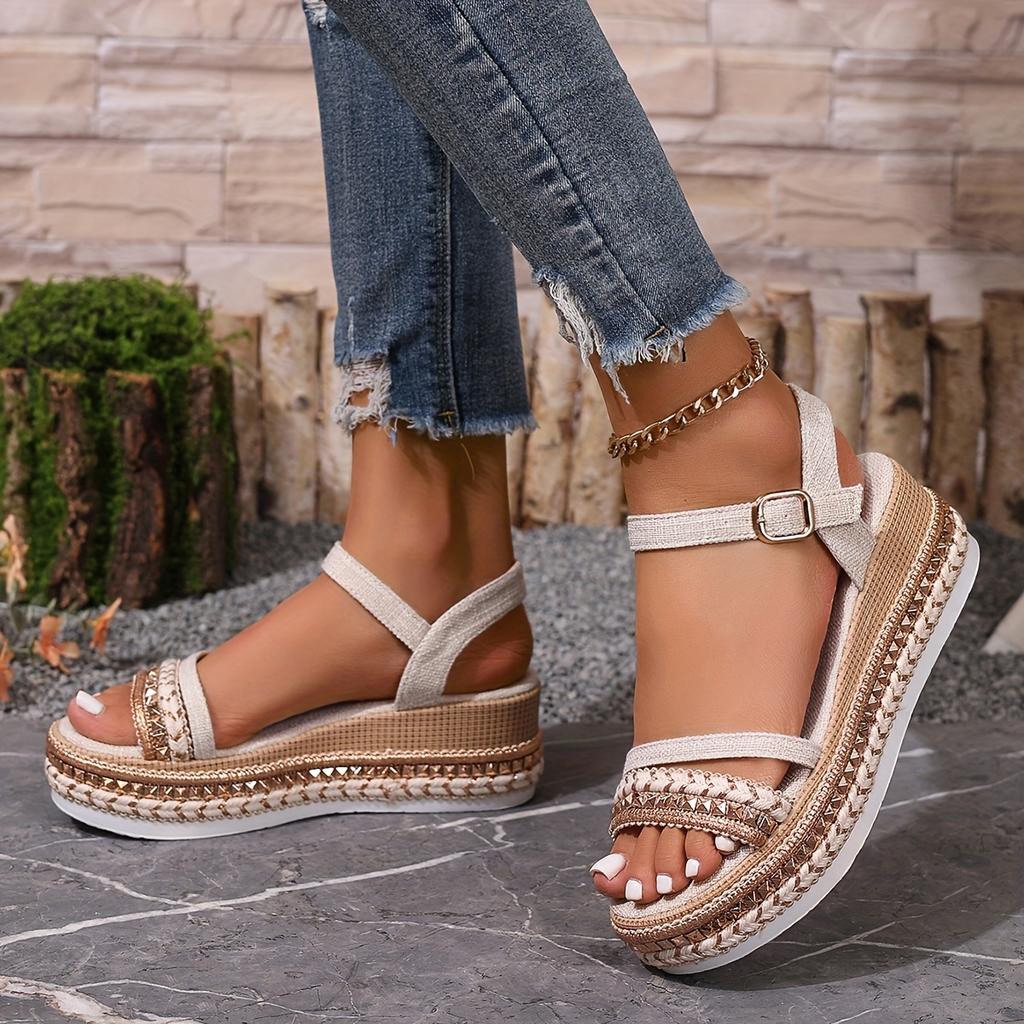 Women'S Espadrille Wedge Sandals with Braided Rope and Rivet Details – Comfortable Open Toe Platform Heels, Beige and Brown Color Scheme