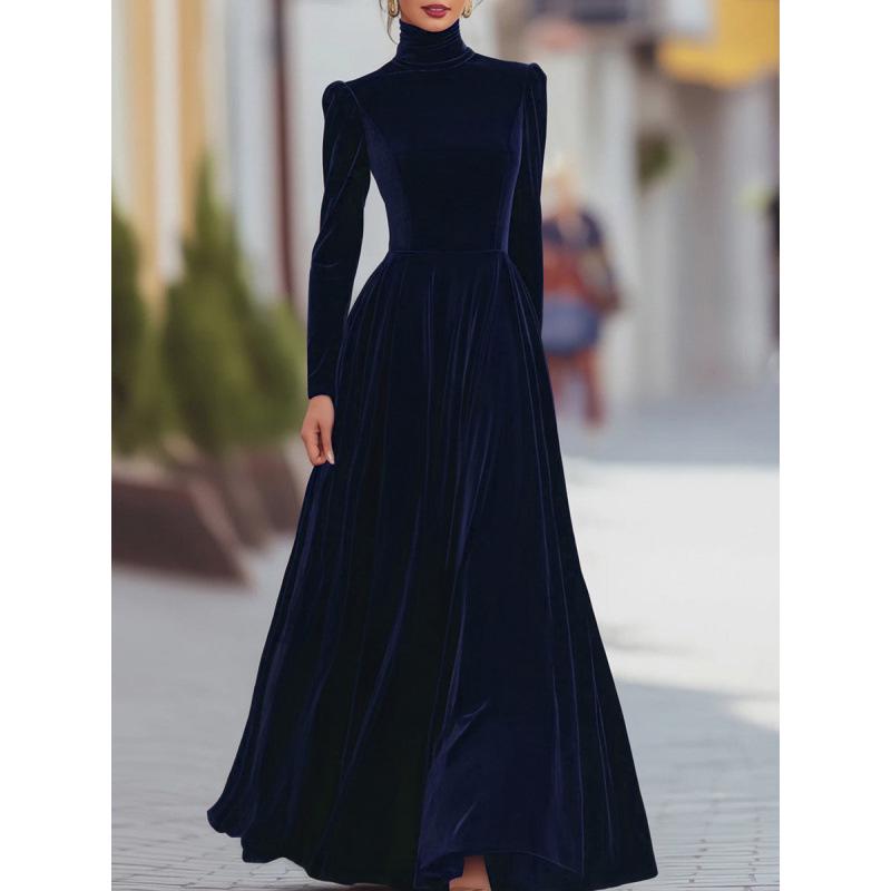 Elegantes Herbst/Winter Damen Gold Samt Hoher Kragen Ballonärmel Taillenbetonendes Langes Kleid