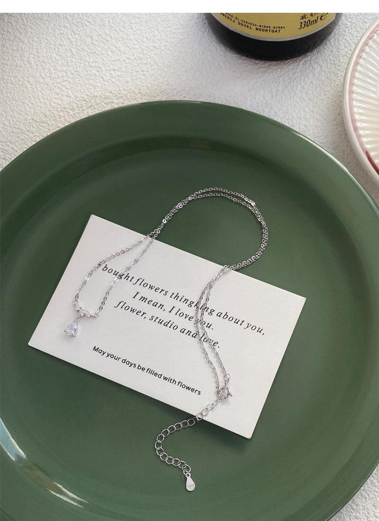S999 Sterling Silver Zircon Water Drop Necklace – Elegant Light Luxury Clavicle Chain for Women