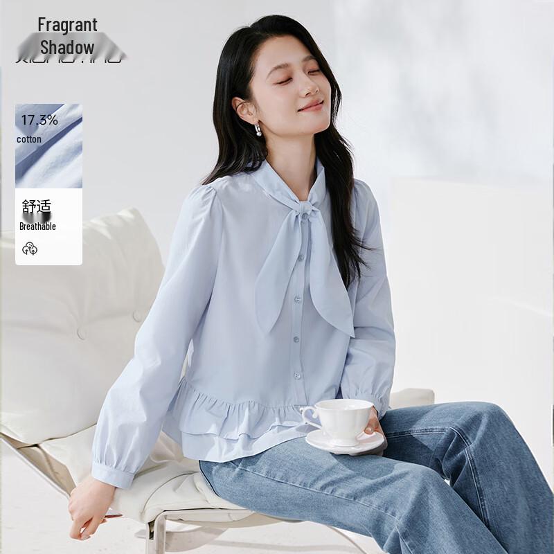 Xiangying Women s Light Blue Ruffle Tie-Neck Blouse M