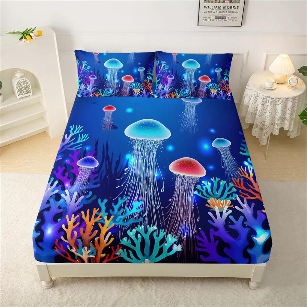 Jellyfish Fitted Sheet set,Marine Life Bedding Set 2pcs for Kids Boys Girls,Underwater World Bed Cover and Pillowcase 50x75cm