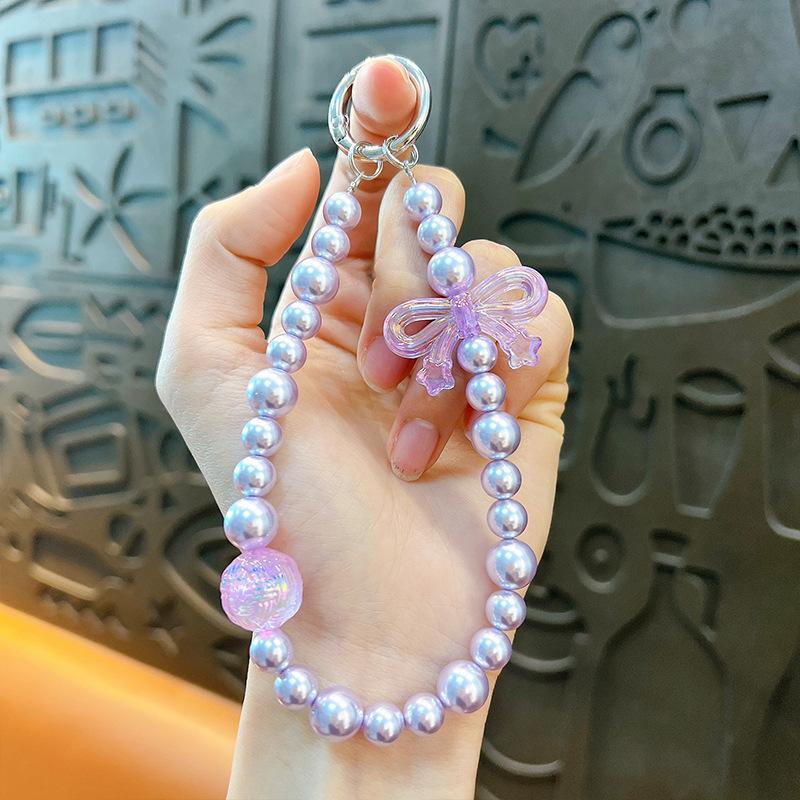 Flash Beaded Mobile Phone Chain Crystal Bow Key Bag Lanyard Pearl Mobile Phone Lanyard Small Gift