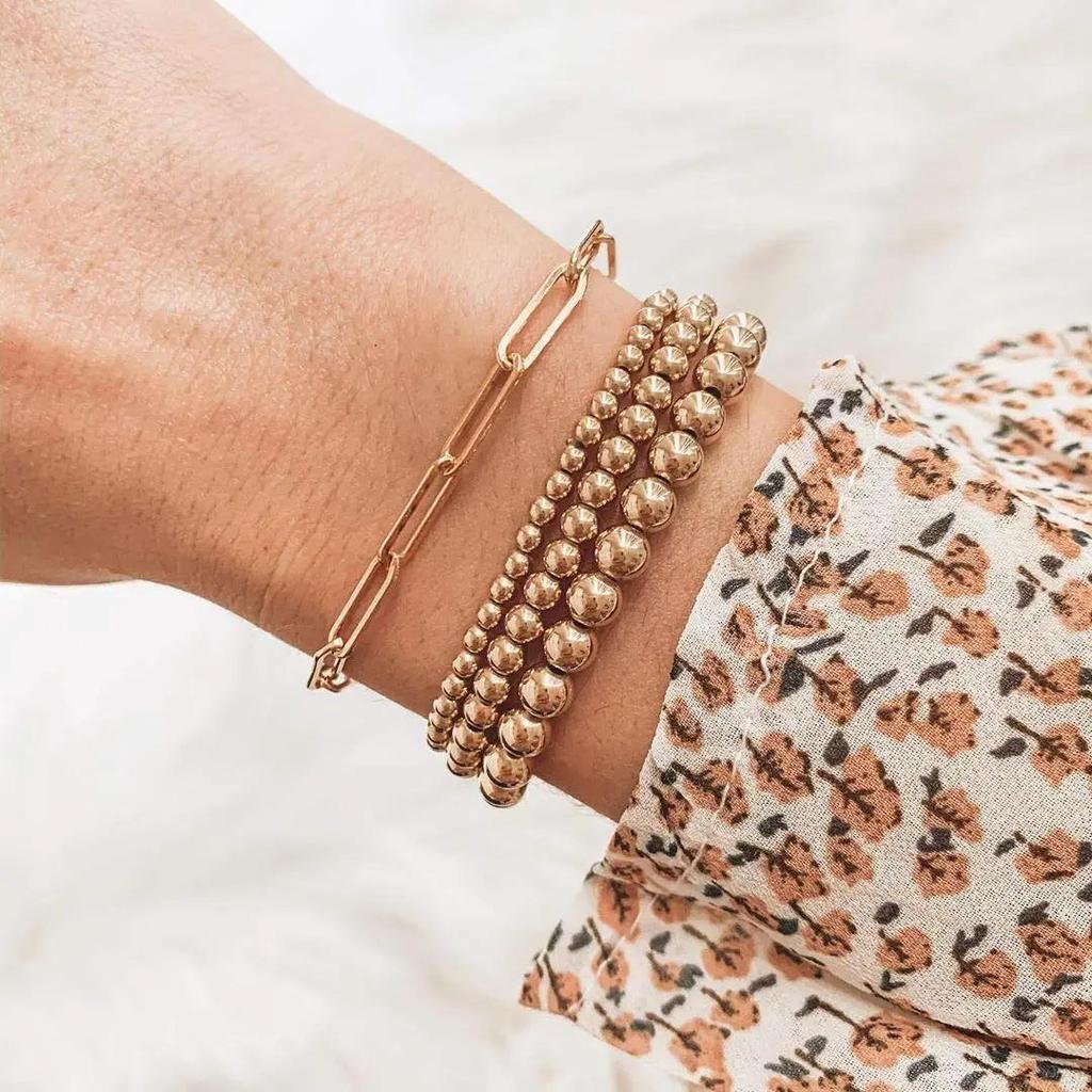 18K Gold Stainless Steel Layered Bead Bracelet Set