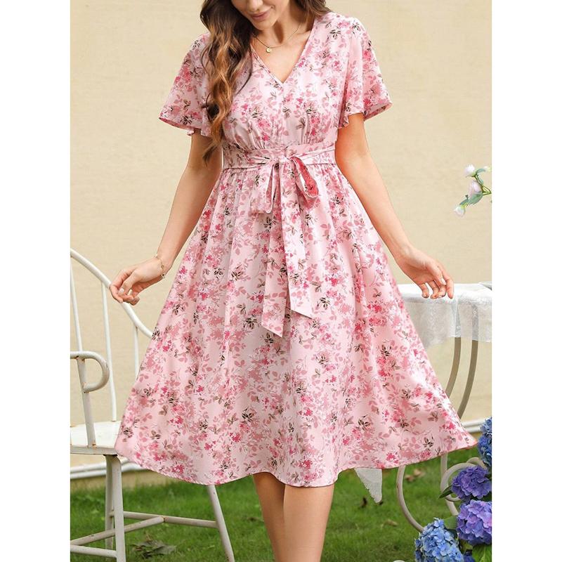 

Летнее женское платье с коротким рукавом и принтом, свободное, модное, с V-образным вырезом, оборками, шнуровкой, цветочным принтом, повседневные платья для женщин, элегантное, тонкое, винтажное, сексуальное платье 26175 XL розовый