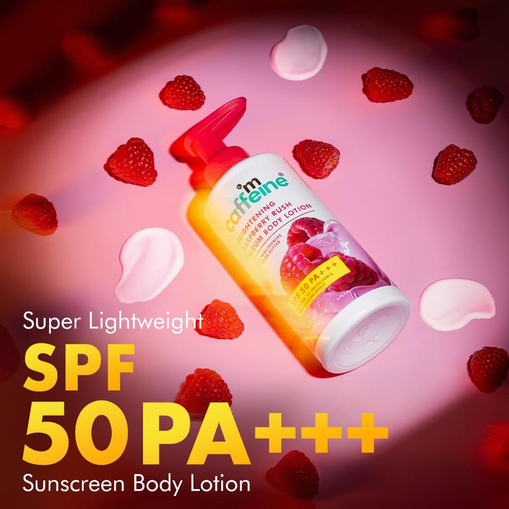 mCaffeine Brightening SPF 50 PA+++ Body Sunscreen Lotion 200 ml Lightweight Non Sticky Hydrating Sun Protection Body Lotion
