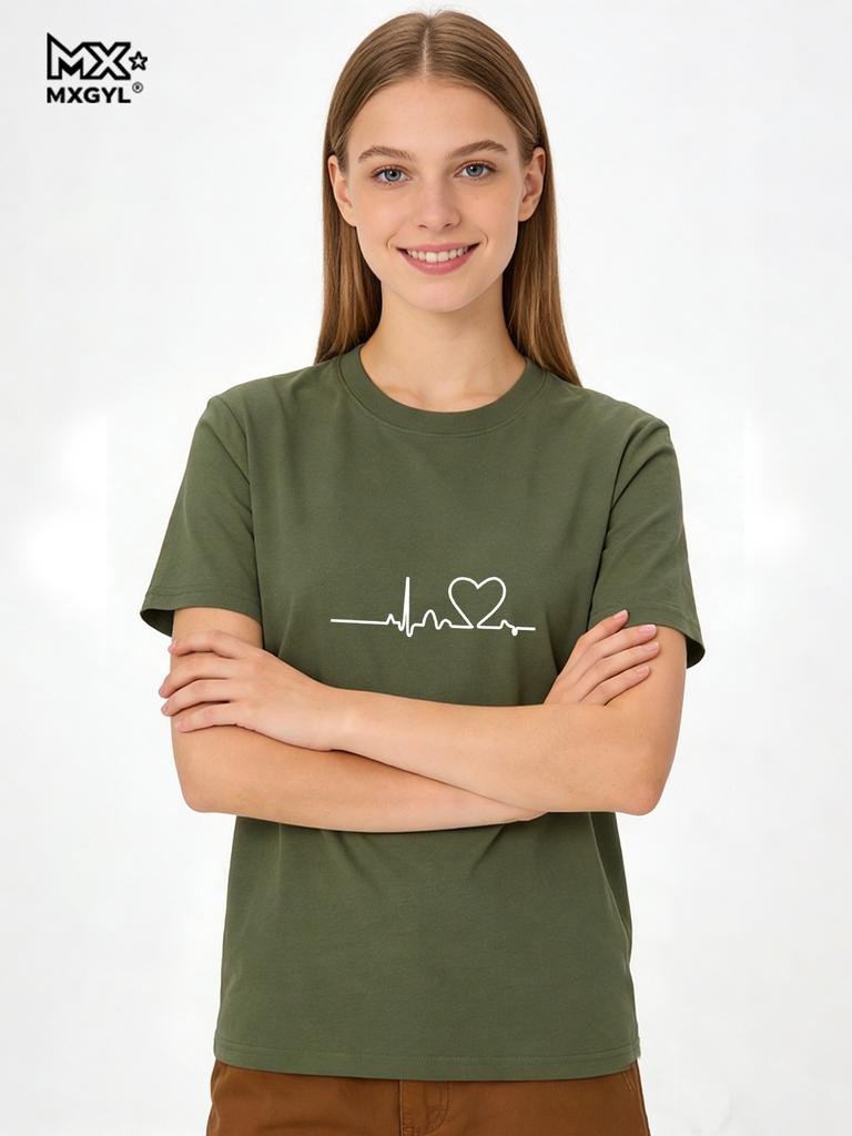 2026 Women's Love Heart Print T-Shirt, Plus Size, Electrocardiogram, Funny Woman Tee Tops, Casual Female T-shirts, Summer