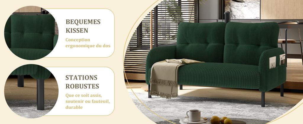 Zweisitzer aus Cord, Komfortpolsterung, Hohe Rückenlehne & Seitentaschen, Metallfüße, Einladende Weichheit, Optimaler Halt, Perfekt für Home-Office-Lounges