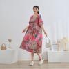 Dimanaf 2025 Women Plus Size Pink Summer Dress Casual Floral Dress Basic Vintage Loose Long Dress