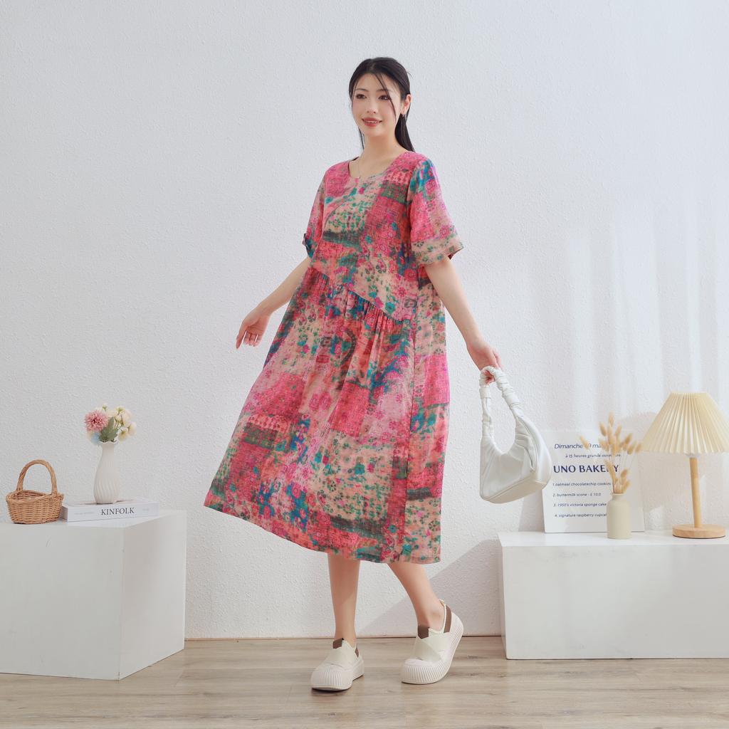 Dimanaf 2025 Women Plus Size Pink Summer Dress Casual Floral Dress Basic Vintage Loose Long Dress