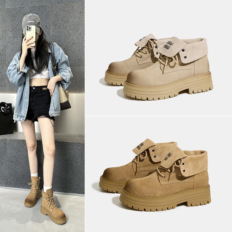 Retro flip-top two-wear Martin boots, women's cattle cashmere thick-soled inner height-increasing women's short boots, outdoor hiking shoes