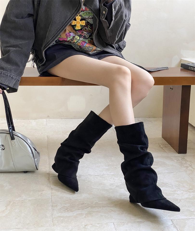 2025 fashion autumn and winter new pointed toe heel pleated knee piled boots sexy women s boots 35