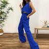 2Pcs/Set O-neck Sleeveless High Waist Casual Outfit Solid Color Short Vest Flare Long