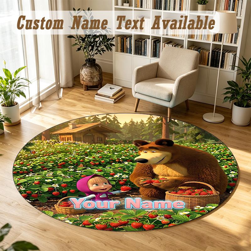 Round Rug Custom NameMasha and the Bear Cartoon Pattern Non Slip Carpet Home Floor Decor