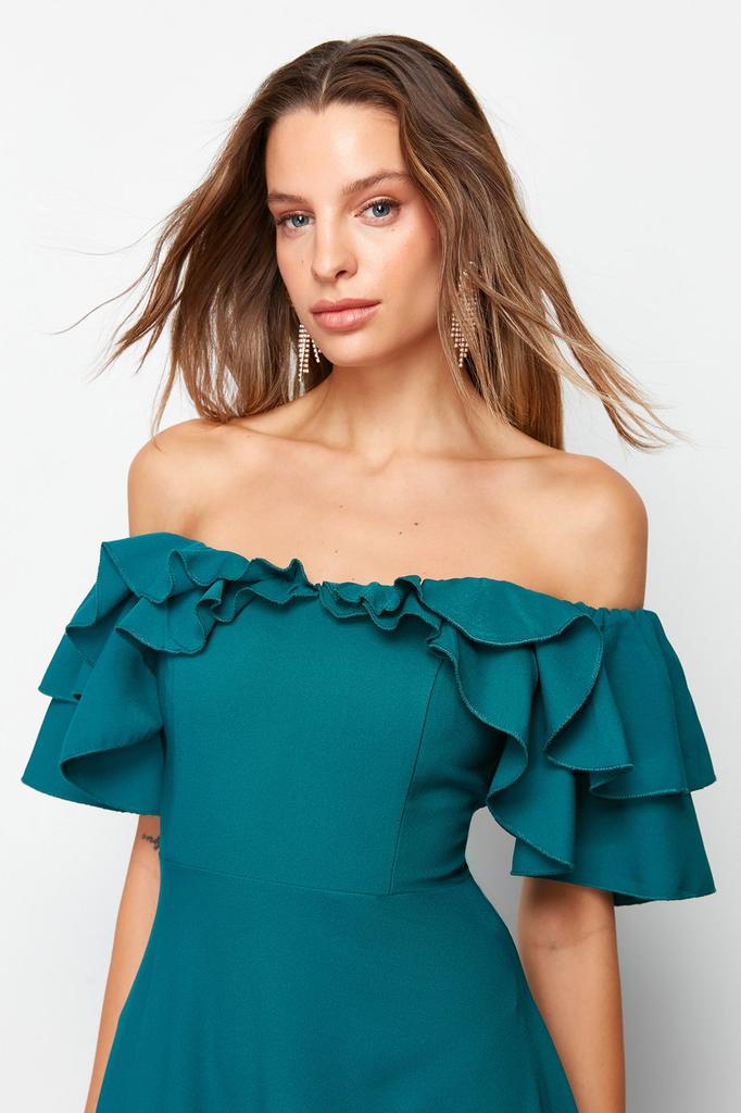 Damen Stil Übergröße Schwarz A-Linie Gewebt Rüschen Lang Abendkleid