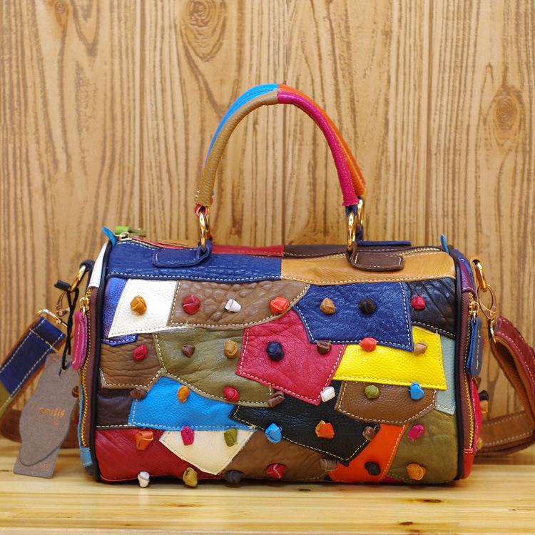 

Leather Women S Bag Bohemian Design Cowhide Color Contrasting Messenger Bag Doudou Bag Women S Handbag