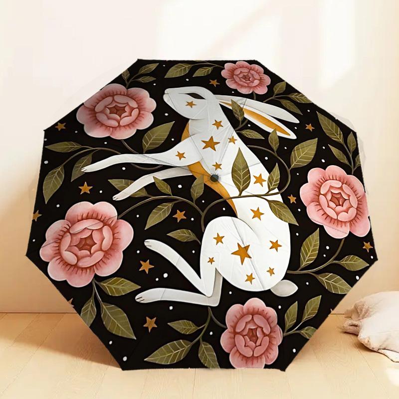 1pc rabbit flowers Automatic Folding Umbrella 8 Rib Iron Frame,  Suitable for Travel, Daily Use, Birthday, Women & Men Gift c1231077