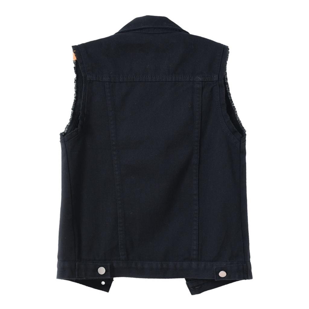 Women's Fashion Solid Color Sleeveless Pocket Short Style With Frayed Edges And Holes Cardigan Vest Jacket