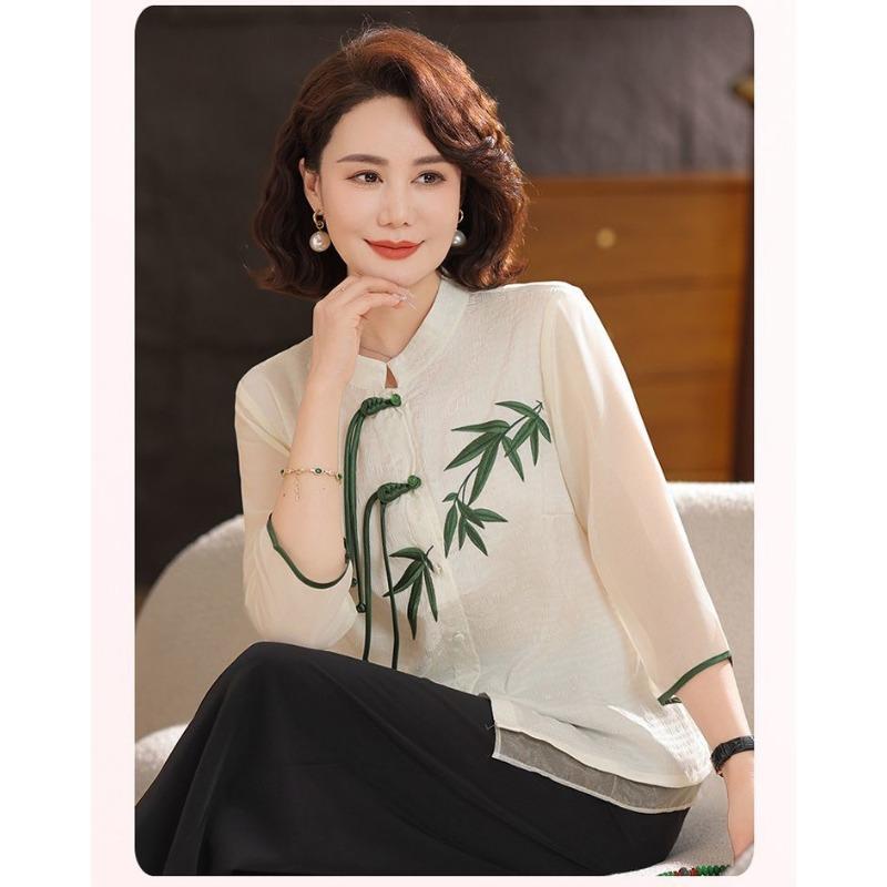 Bluză pentru femei, culoarea alb-crem, stil chinezesc, cu broderie verde de bambus, nasture tip broscuță, mânecă scurtă, top larg, pentru persoane de vârstă mijlocie
