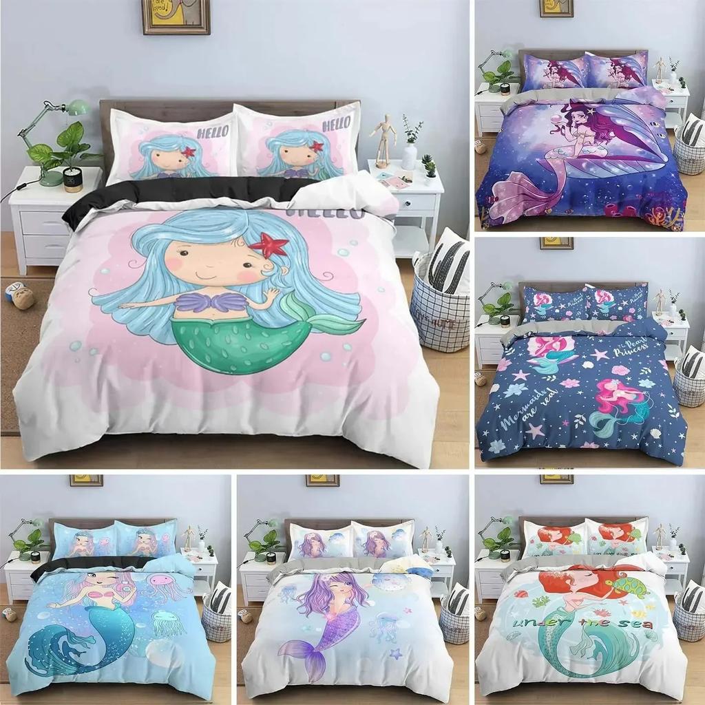 Modern Cartoon Mermaid Toddler Bedding Set Duvet Cover Sheet Printed Bed Set Pillowcase Full Queen King Size Comforter Bedroom